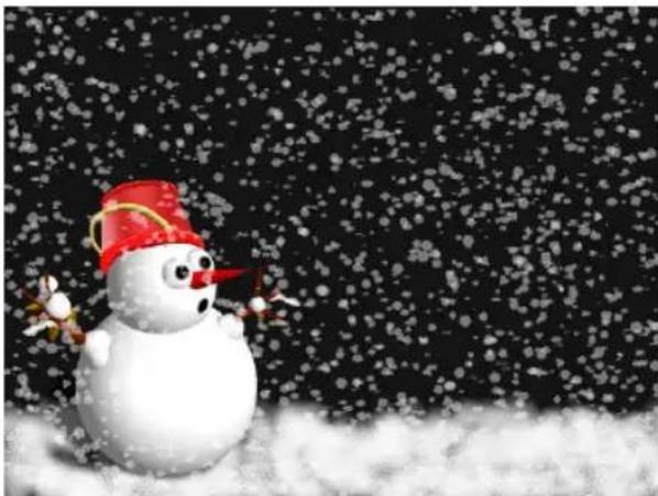 Cartoon snowman wearing a red hat and holding a small object, standing on snow with falling snow in the background (no text or symbols)