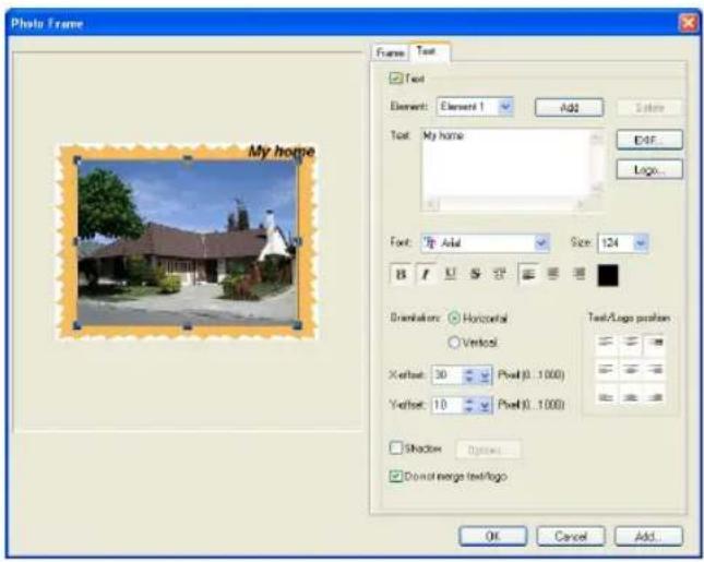 Photo Frame My home Frame Text Text Element: Element 1 Add Text: My home E4F Logo... Font: Abstract Size: 124 Background: Horizontal Vertical X-axis: 30 Pixel(0..1000) Y-axis: 10 Pixel(0..1000) Text/Shape position Shadow Options Do not merge text/logo OK Cancel Add.