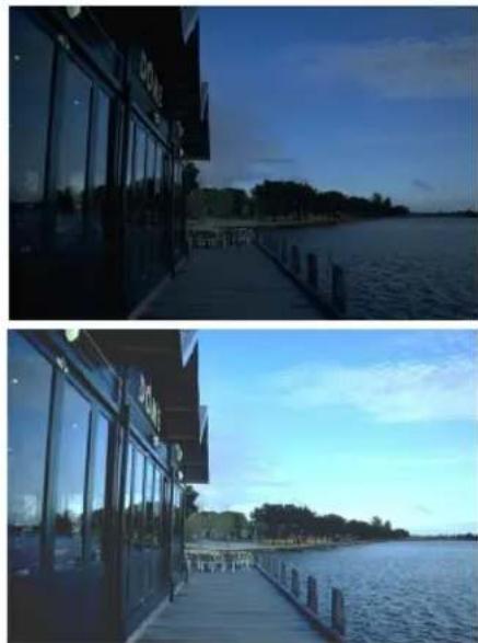 Two-panel photo showing a waterfront scene with glass buildings and trees, no visible text or symbols.