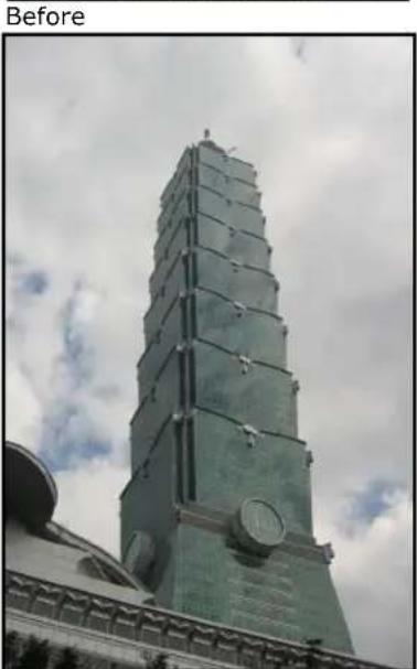 Exterior view of a tall green-tiled skyscraper under construction with scaffolding, set against a cloudy sky (no signage or text visible)