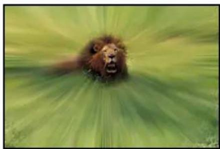 Close-up of a lion's head emerging from green foliage, creating a dynamic motion blur (no text or symbols)