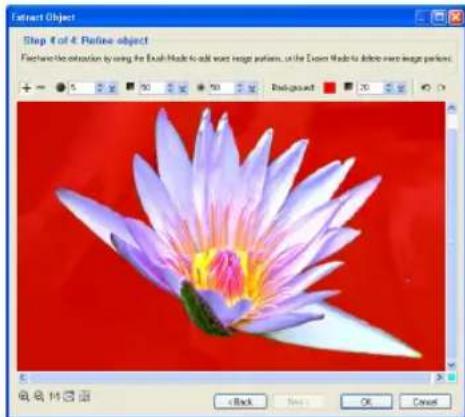 Extract Object Step 4 of 4: Before object Fachete the extraction by using the Book Mode to add more image patterns, or the Excel Mode to delete more image patterns. + - 5 50 50 Background 20 0 色相映面 < Back Save OK Cancel
