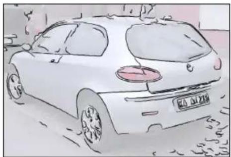 Sketch of a white car parked outdoors with visible license plate and window (no text or symbols)