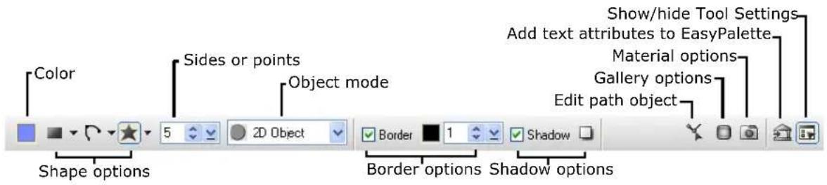 Color Sides or points Object mode Show/hide Tool Settings Add text attributes to EasyPalette Material options Gallery options Edit path object Shape options 2D Object Border 1 Shadow Border options Shadow options