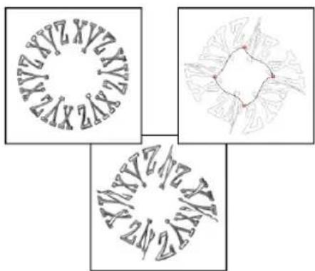 Three abstract geometric patterns with circular and star-like shapes, no text or symbols present