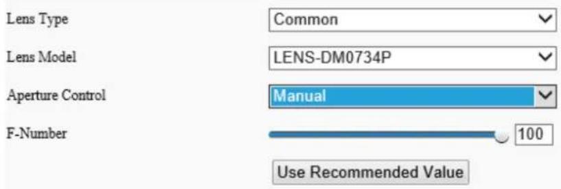 Lens Type Common Lens Model LENS-DM0734P Aperture Control Manual F-Number 100 Use Recommended Value