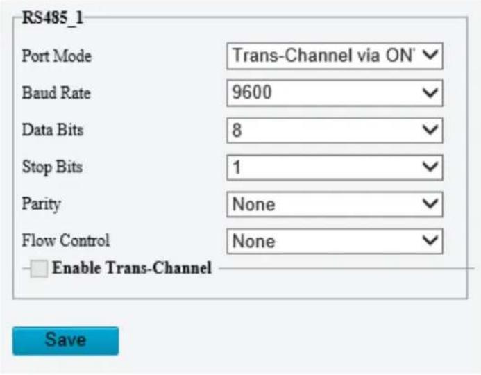 RS485_1 Port Mode Trans-Channel via ON' Baud Rate 9600 Data Bits 8 Stop Bits 1 Parity None Flow Control None Enable Trans-Channel Save