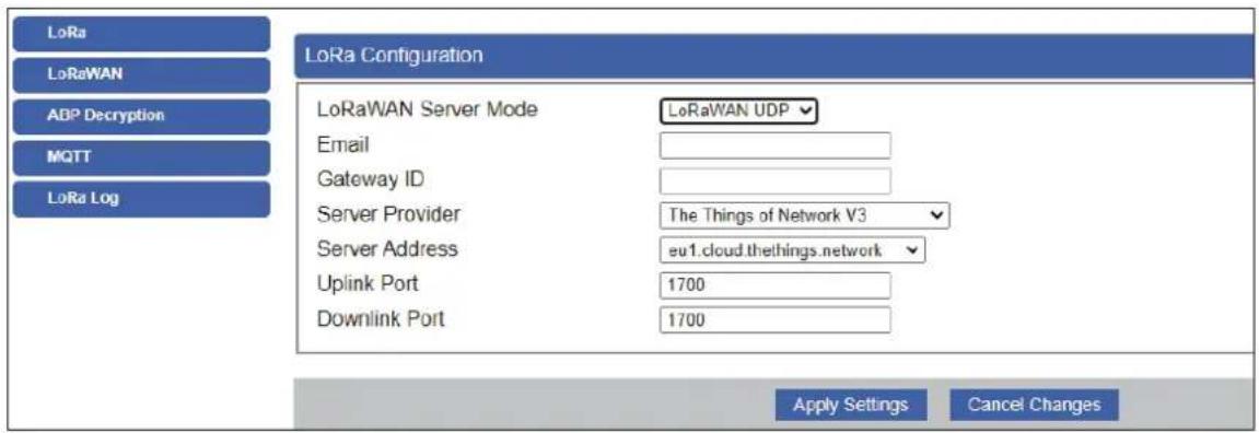 LoRa LoRaWAN ABP Decryption MQTT LoRa Log LoRa Configuration LoRaWAN Server Mode LoRaWAN UDP Email Gateway ID Server Provider The Things of Network V3 Server Address eu1.cloud.thethings.network Uplink Port 1700 Downlink Port 1700 Apply Settings Cancel Changes