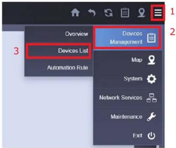 Overview Devices List Automation Rule Devices Management Map System Network Services Maintenance Exit