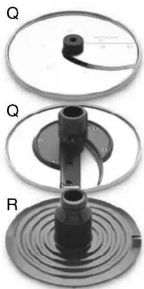 Three views of a mechanical device with labeled parts (Q, R, and a small component), no readable text or symbols present.