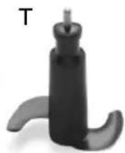 Close-up of a black mechanical component with curved ends and a small protrusion, labeled 'T' in the top-left corner (no other text or symbols)