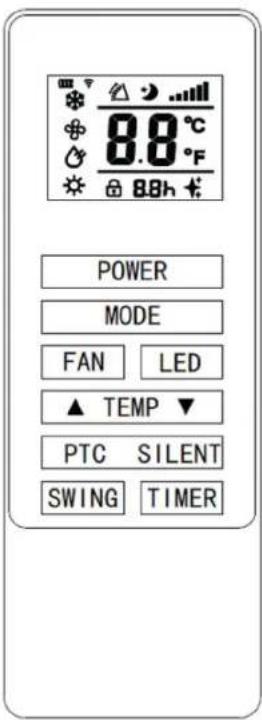 8.0°C 8.0°F 8.8h POWER MODE FAN LED ▲ TEMP ▼ PTC SILENT SWING TIMER