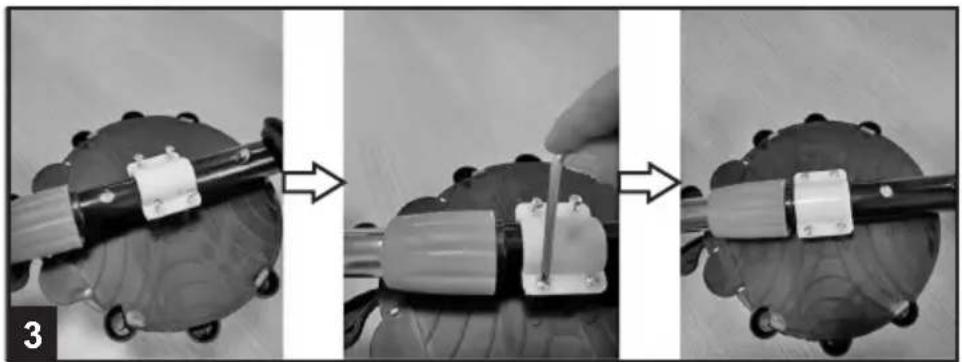 Three-panel sequence showing a robotic arm with a tool, connected to a motor and finally to a cylindrical component (no text or symbols visible)