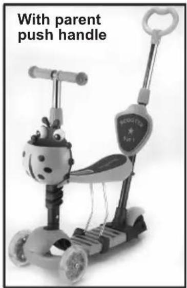Child's toy scooter with a parent push handle, no visible text or symbols on the device itself