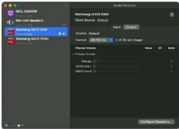 DELL S2409W Mac mini Speakers Steinberg IX012 DAW 3 ms, 2 ms Steinberg IX012 THRU Audio Devices Steinberg IX012 DAW Clock Source: Default Input Output Source: Default Format: 44,100 Hz 2 ch 82-bit Integer Channel Volume Value dB More Primary Stream Primary IX012 Line L IX012 Line R Configure Speaker…