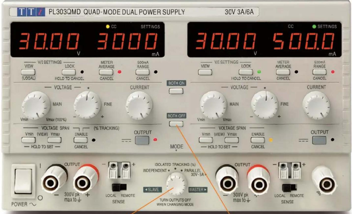 TT/ PL303QMD QUAD-MODE DUAL POWER SUPPLY 30V 3A/6A 30.00 30.00 CC SETTINGS 30.00 500.0 V V I Settings V V I SETTINGS VIEW LOCK METER AVERAGE 500mA RANGE 500mA (LOCAL) HOLD TO CANCEL CANCEL CANCEL HOLD TO CANCEL CANCEL CANCEL VOLTAGE CURRENT MAIN FINE Vmin Vmax (100%) VOLTAGE SPAN (% TRACKING) Vmin (…