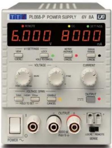 TT PL068-P POWER SUPPLY 6V 8A LXI REMOTE 6.000 V DC SETTINGS VIT SETTINGS VIEW LOCAL HOLD TO ONCAL METER AVERAGE CANCEL 300mA RANGE CANCEL VOLTAGE MAIN FINE CURRENT VOLTAGE SPAN MAIN VIEW: VOUT ENABLE HOLD TO SET - CANCEL OUTPUT POWER ~ OUTPUT + 300mA MAX TO + LOCAL REMOTE SENSE