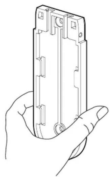 Line drawing of a hand holding an electronic device casing (no text or symbols)