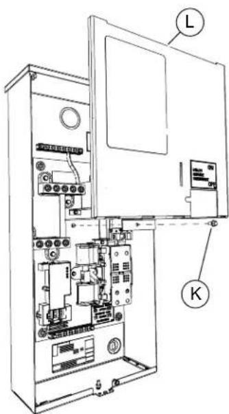 Technical diagram of an electrical control cabinet with labeled components L and K
