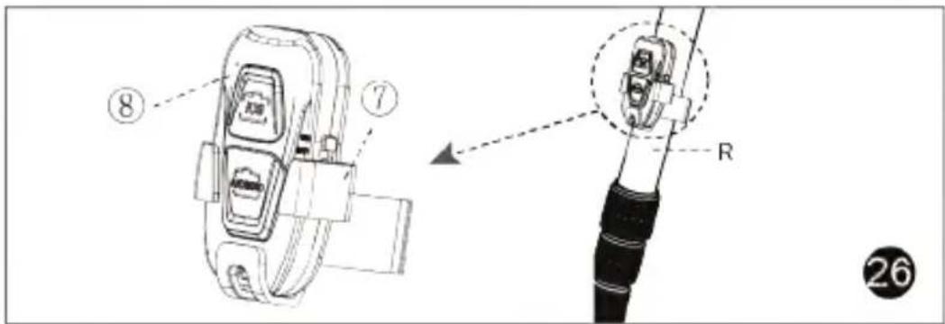 Technical diagram showing a device with labeled parts and a close-up view of the internal component labeled 'R'.