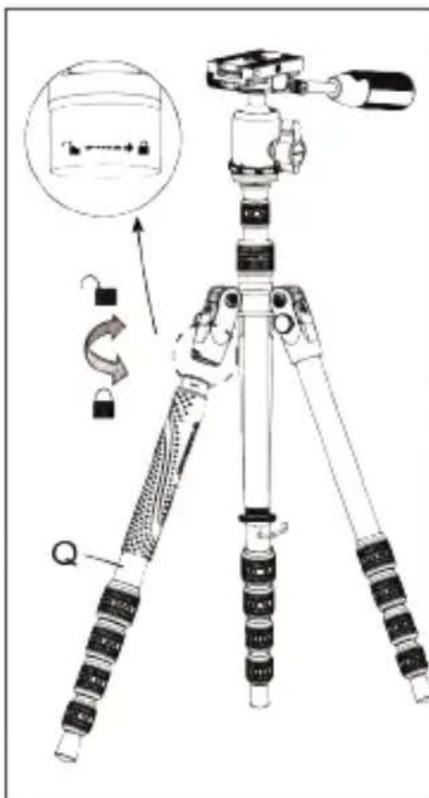 Diagram of a tripod-mounted camera with labeled parts and instructional arrows indicating adjustment or use.