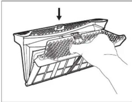 Line drawing of a hand inserting into a device into a rack.