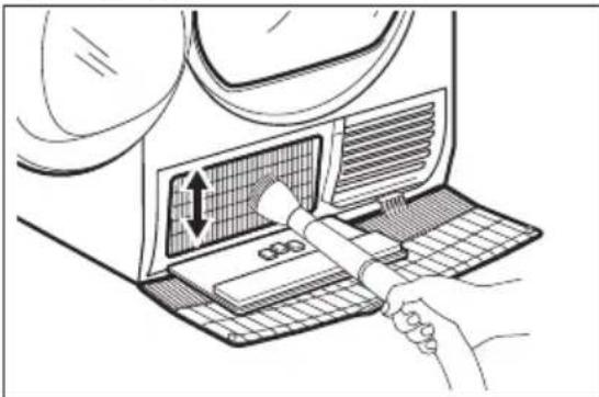 Line drawing of a hand using a tool to interact with a device panel, showing airflow direction.
