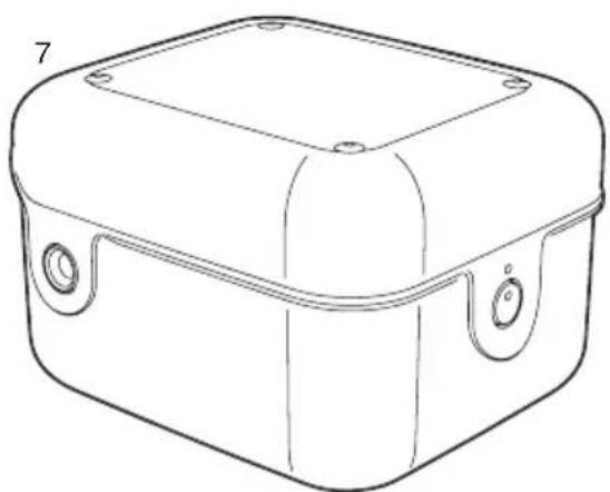 Line drawing of a rectangular electronic enclosure with mounting holes and a lid (no text or symbols)