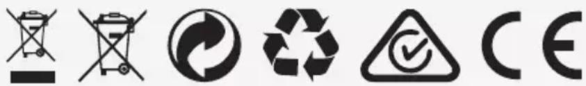 Six black-and-white recycling symbols including a waste bin, recycling symbol, recycling triangle, checkmark, and 'CE' label.