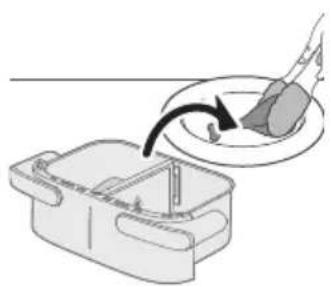 Illustration of a hand using a tool to interact with a bowl containing food, showing a curved arrow indicating interaction.