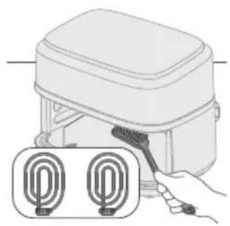 Illustration of a hand using a tool to interact with a device, showing two circular components.
