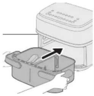 Illustration of a hand placing a small container with an arrow pointing to it, next to a white appliance labeled 'onshore'.