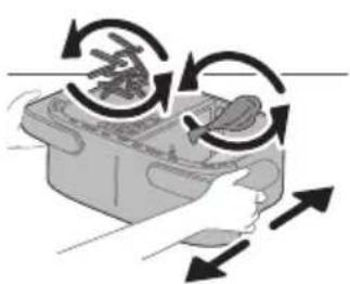 Illustration of a hand pressing down on a device with arrows indicating motion or rotation.