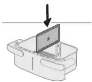 Diagram of a device with a monitor and base, showing an arrow pointing downward.