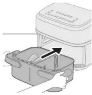 Illustration of a hand placing a container into an electric stove with a paper airplane (no text or symbols).
