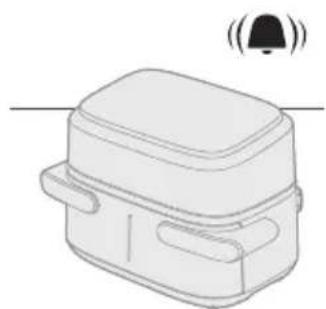 Line drawing of a rectangular device with a lid and two side handles, emitting sound waves.