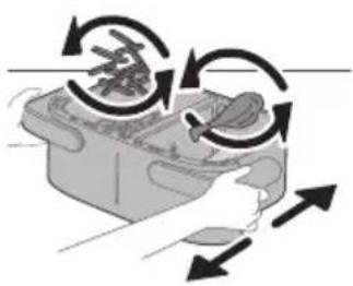 Illustration of a hand pressing down on a device with circular arrows indicating motion (no text or symbols).