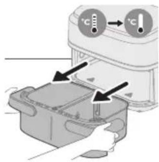 Diagram showing temperature measurement setup with Celsius indicators and directional arrows indicating cooling or heating process.