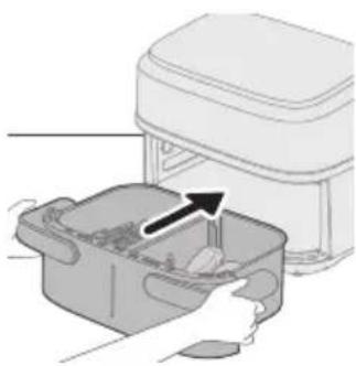 Illustration of a hand placing food into a microwave oven with an arrow indicating the process.