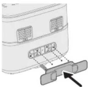 Diagram of a device rear panel with a close-up view showing internal components and an arrow pointing to a button (no text or symbols present).