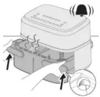 Diagram showing a cooking appliance with heat transfer and a close-up of the lid, indicating heating or cooling process.