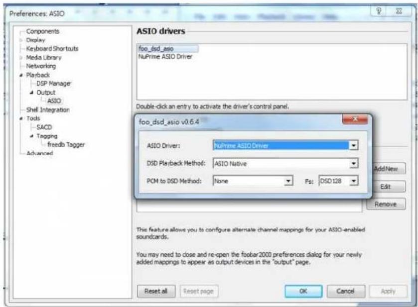 Preferences: ASIO Components Display Keyboard Shortouts Media Library Networking Playback DSP Manager Output ASIO Shell Integration Tools SACD Tagging freedb Tagger Advanced ASIO drivers foo_dsd_asio NuPrime ASIO Driver Double-click an entry to activate the driver's control panel. foo_dsd_asio v0.6.…