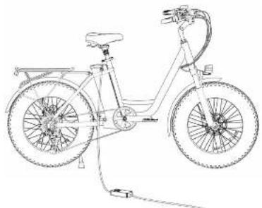 Line drawing of a bicycle with a front wheel, rear wheels, and cable, connected to a battery (no text or symbols)