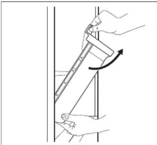 Illustration of hands using a ruler to measure a vertical pole, with an arrow indicating rotation (no text or symbols present)