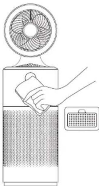 Illustration of a hand cleaning a cylindrical device with a fan above it, next to a small electronic device (no text or symbols present).