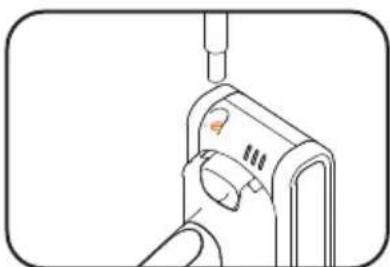 Illustration of a hand holding a small electronic device with a screwdriver inserted (no text or symbols visible)