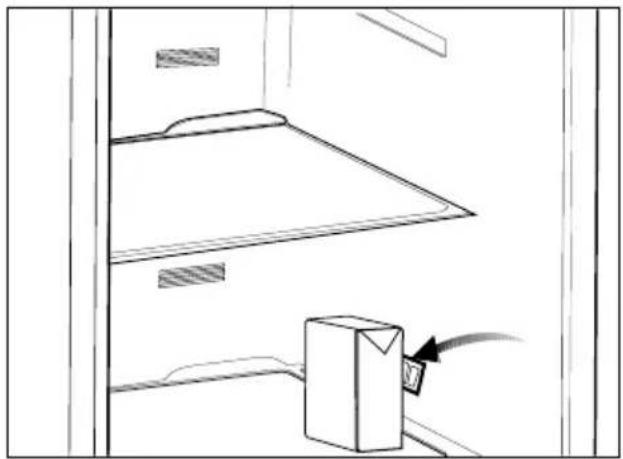 Line drawing of a cabinet shelf with a box and cable inserted (no text or symbols).