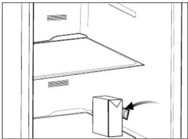 Line drawing of a cabinet shelf with a box and cable inserted, no text or symbols present