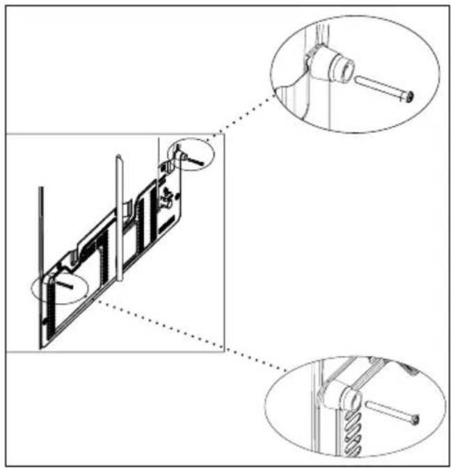Technical diagram showing mechanical assembly with three views of a bracket and a tool inserted into a wall (no text or labels)