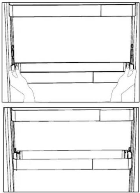 Technical line drawing of two views of a cabinet or shelf frame with hands holding panels (no text or symbols)